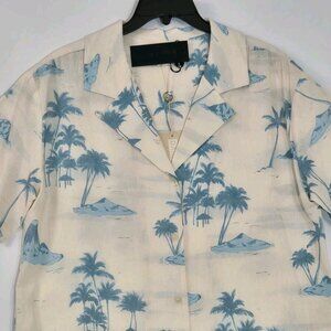 Gianni Bini Size XL Margaux Palm Tree  Button Front Linen Blend Blouse (62)